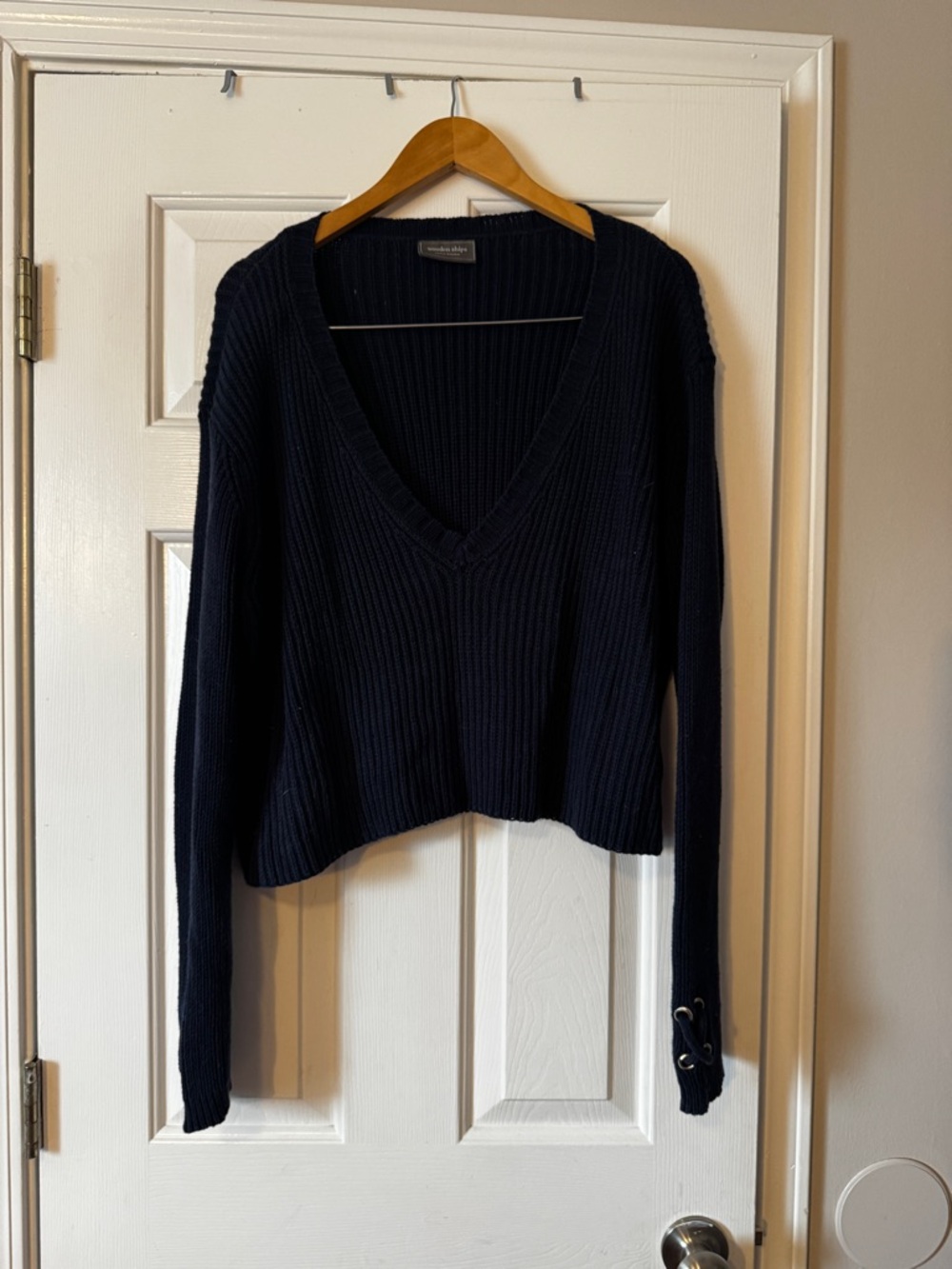 Wooden Ships Deep V-Neck Lace-Up Sleeve Sweater